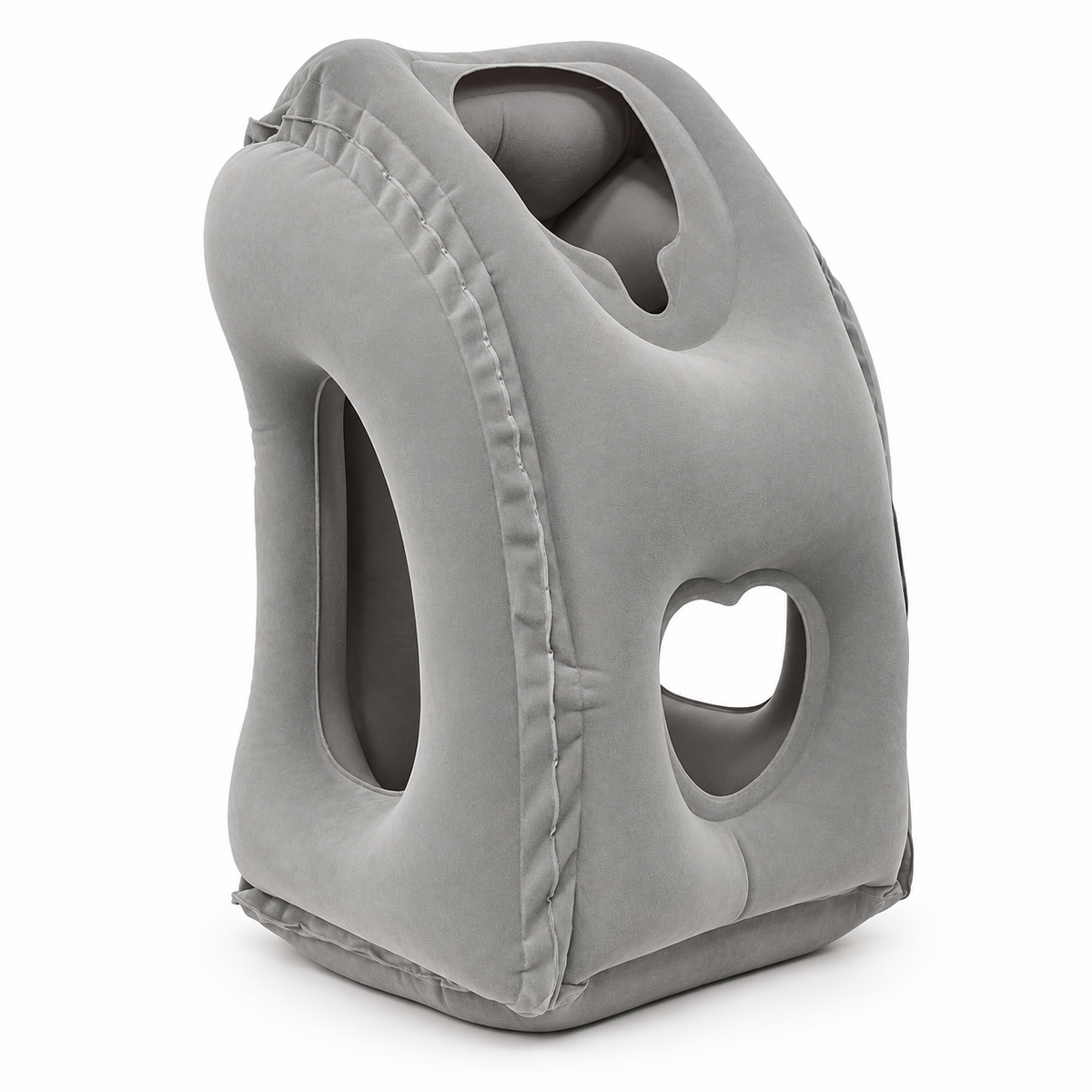 Gray inflatable travel pillow with face and arm openings on a white background