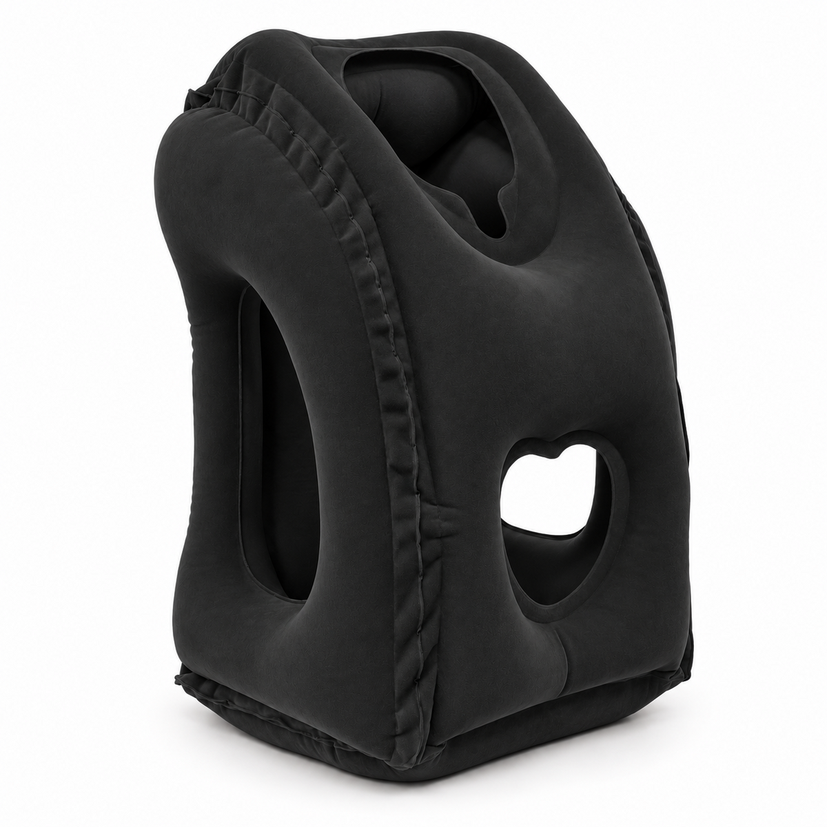 Black inflatable travel pillow with face and arm openings on a white background