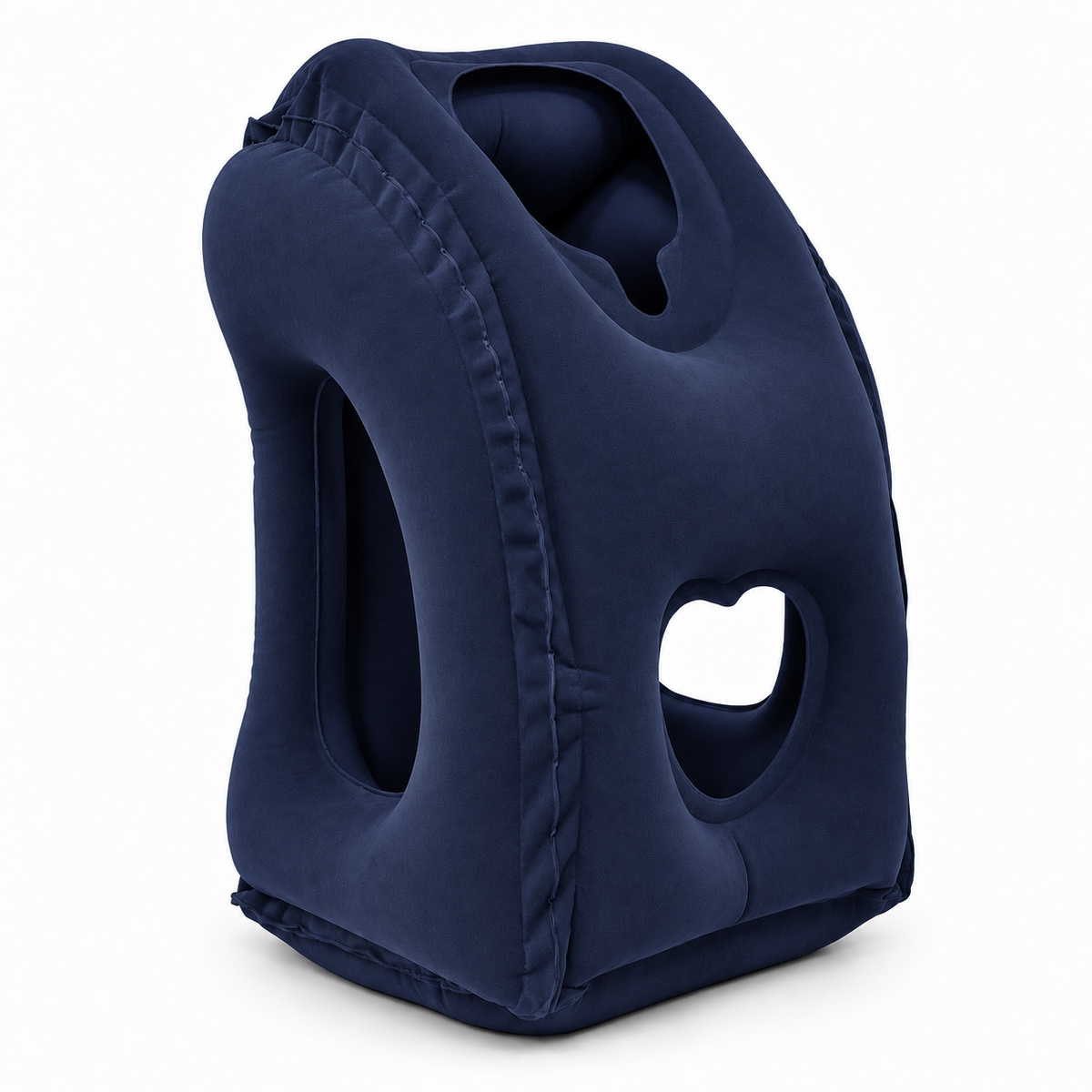 Navy blue inflatable travel pillow with face and arm openings on a white background