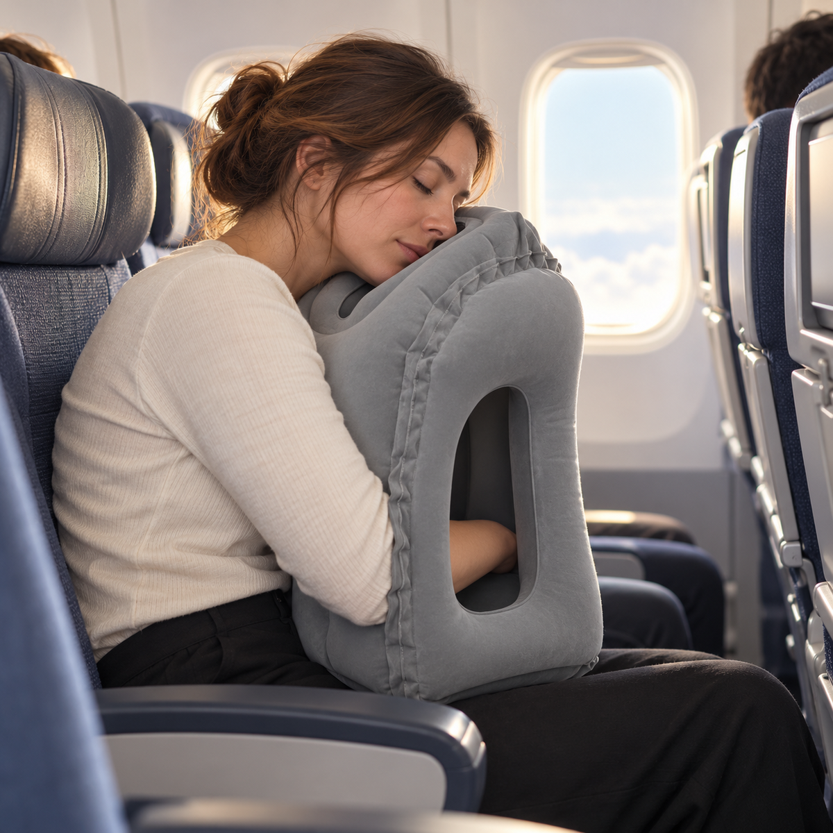 Seated traveler resting on the gray inflatable pillow with an arm through the side opening