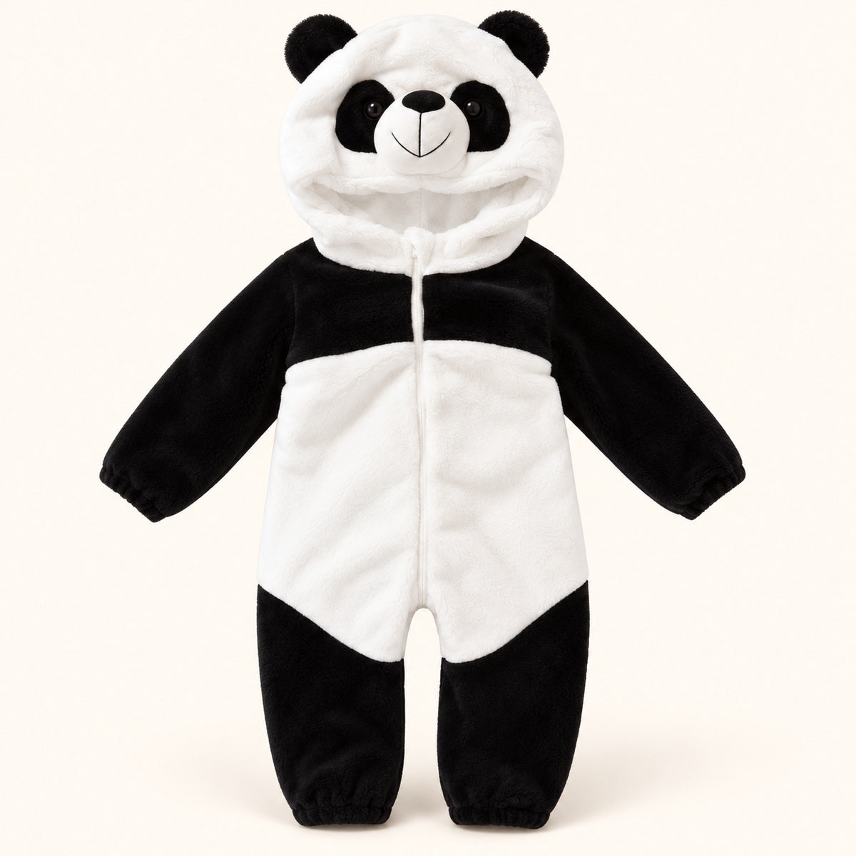Black and white panda hooded baby romper, front view on a cream studio background.