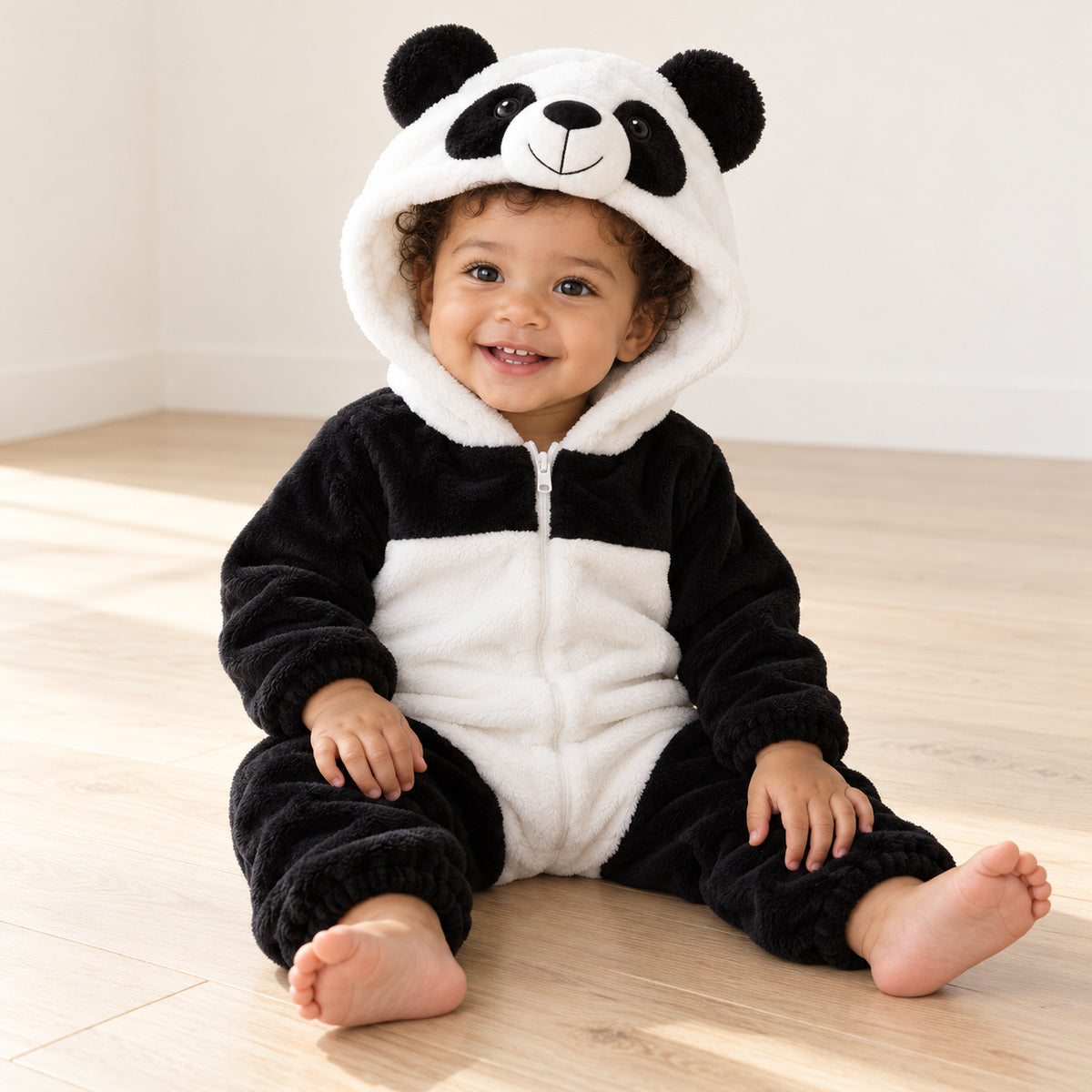 AI-generated toddler sitting awake on a wooden floor wearing the black and white panda hooded romper.