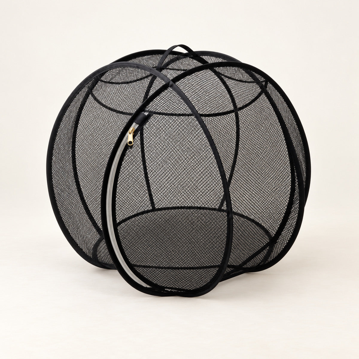 Black spherical mesh cat playpen with curved frame and front zip opening.