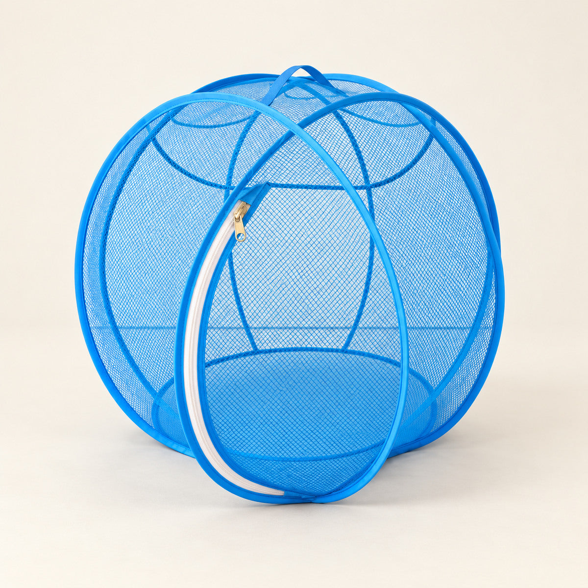Blue spherical mesh cat playpen with curved frame and front zip opening.
