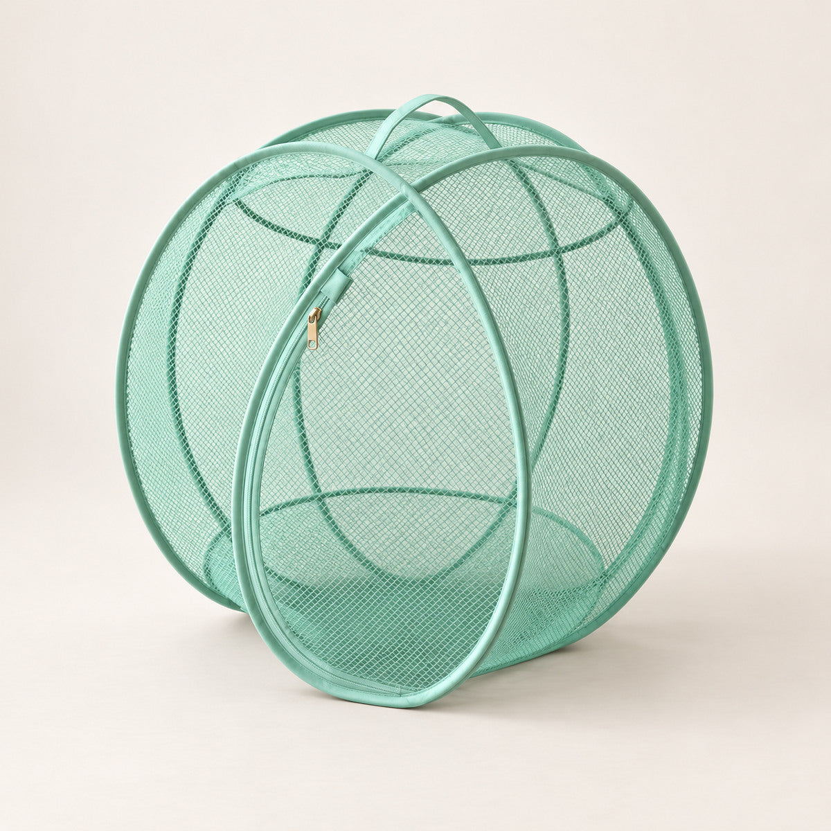 Mint green spherical mesh cat playpen with curved frame and front zip opening.