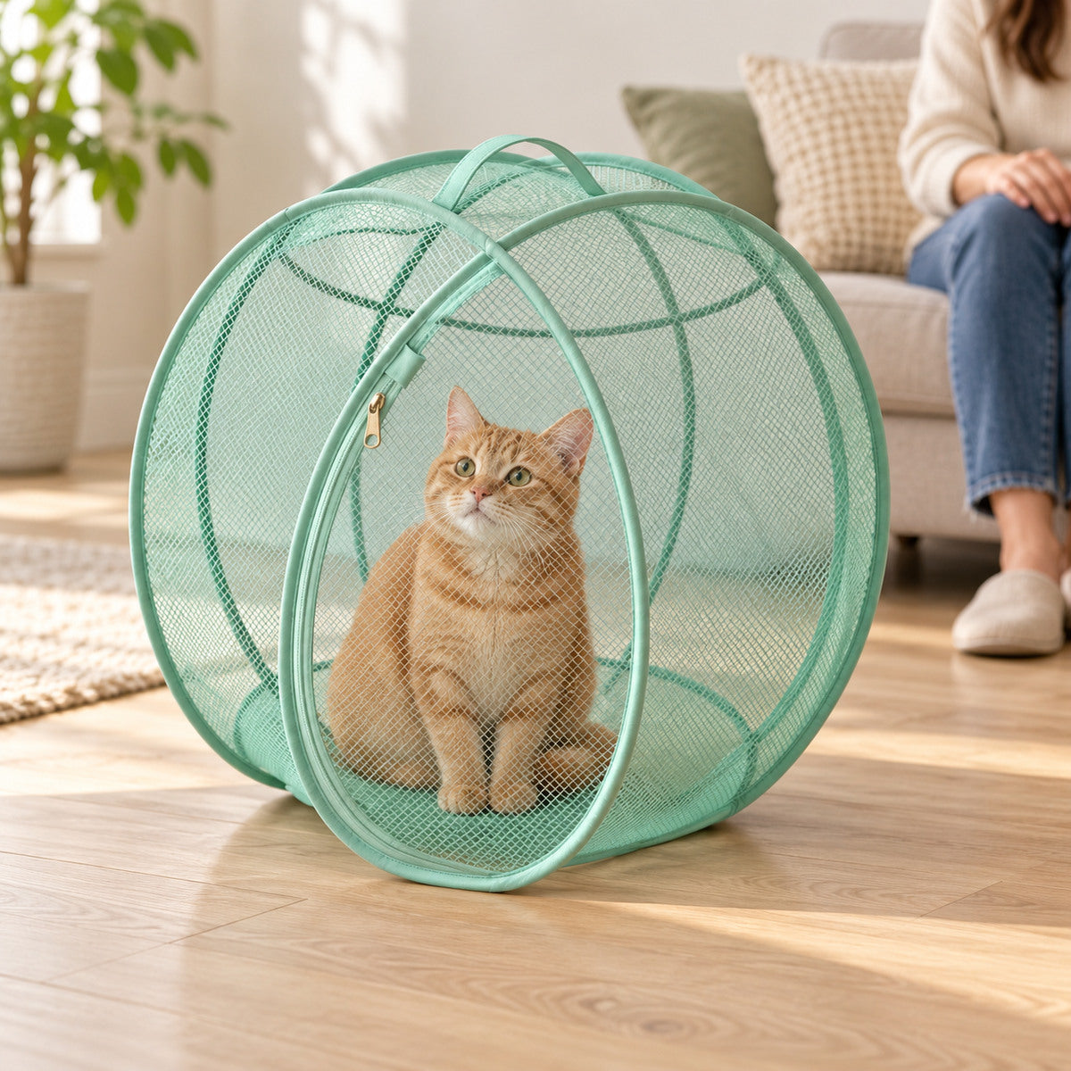 Ginger cat inside a mint green spherical mesh playpen on a wood floor with an adult nearby.