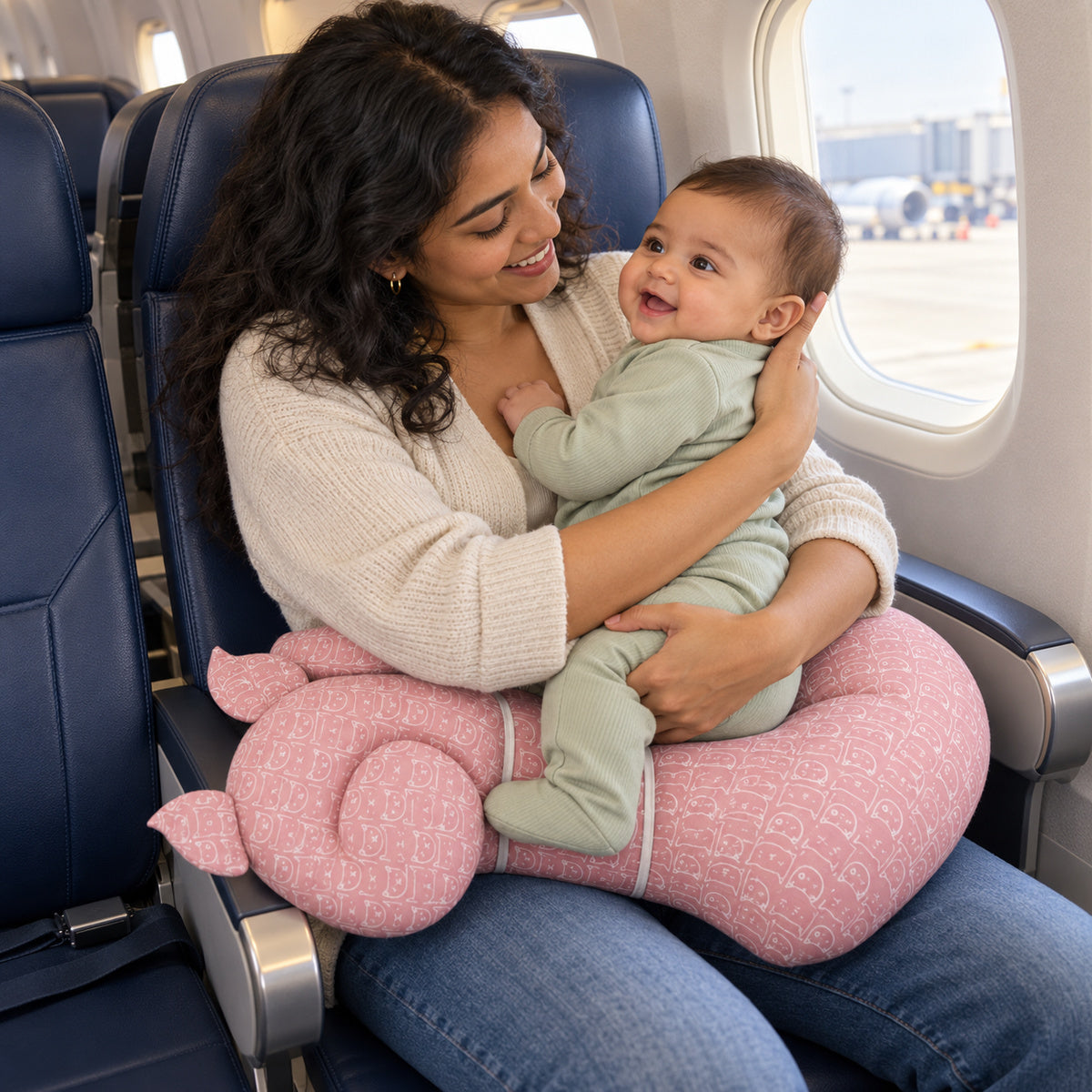 Parent holding an awake baby with the pink cat-print nursing pillow across her lap in an airplane seat