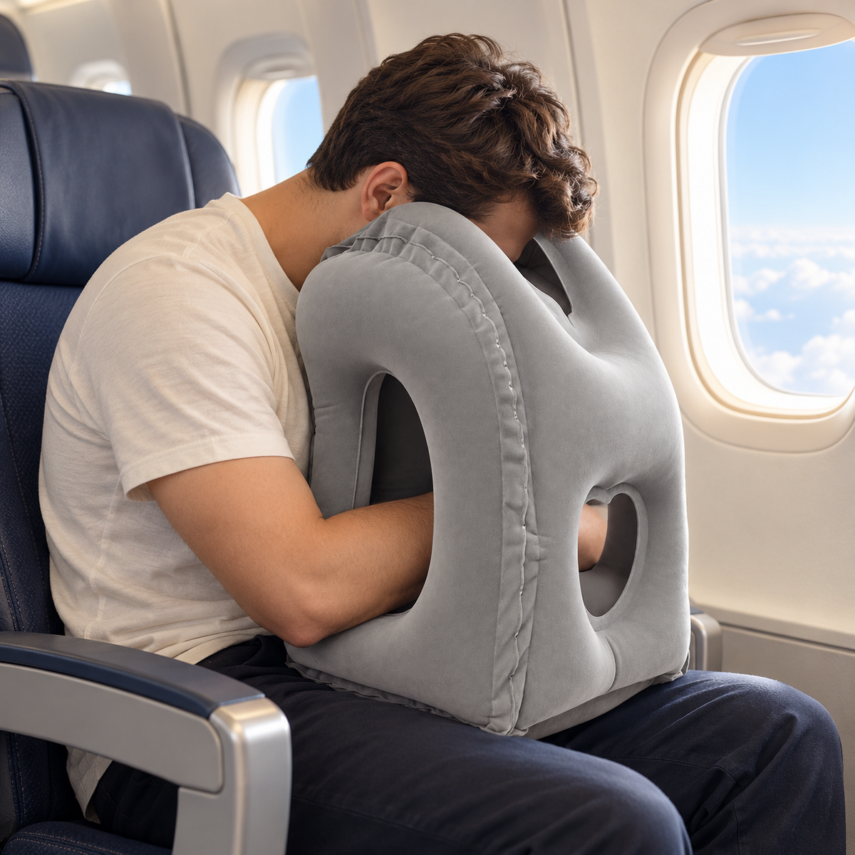 Adult traveler leaning forward on the gray inflatable pillow while seated beside an airplane window