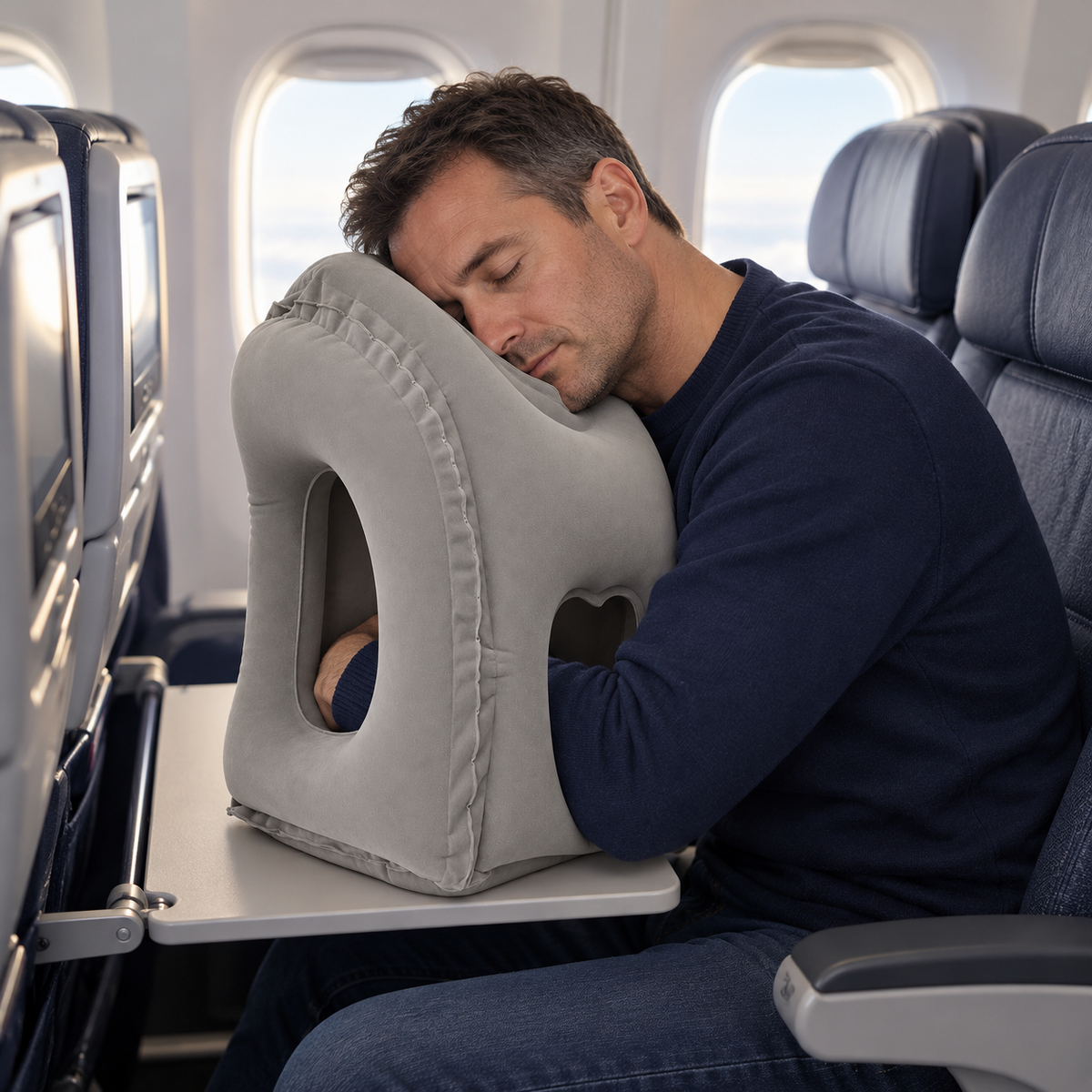 Traveler resting against the gray inflatable travel pillow on an airplane tray table