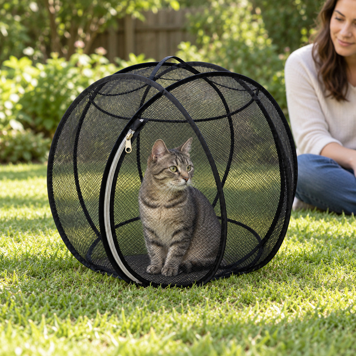 Tabby cat inside a black spherical mesh playpen on level garden grass with an adult nearby.