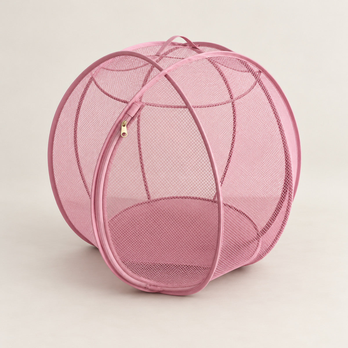Pink spherical mesh cat playpen with curved frame and front zip opening.