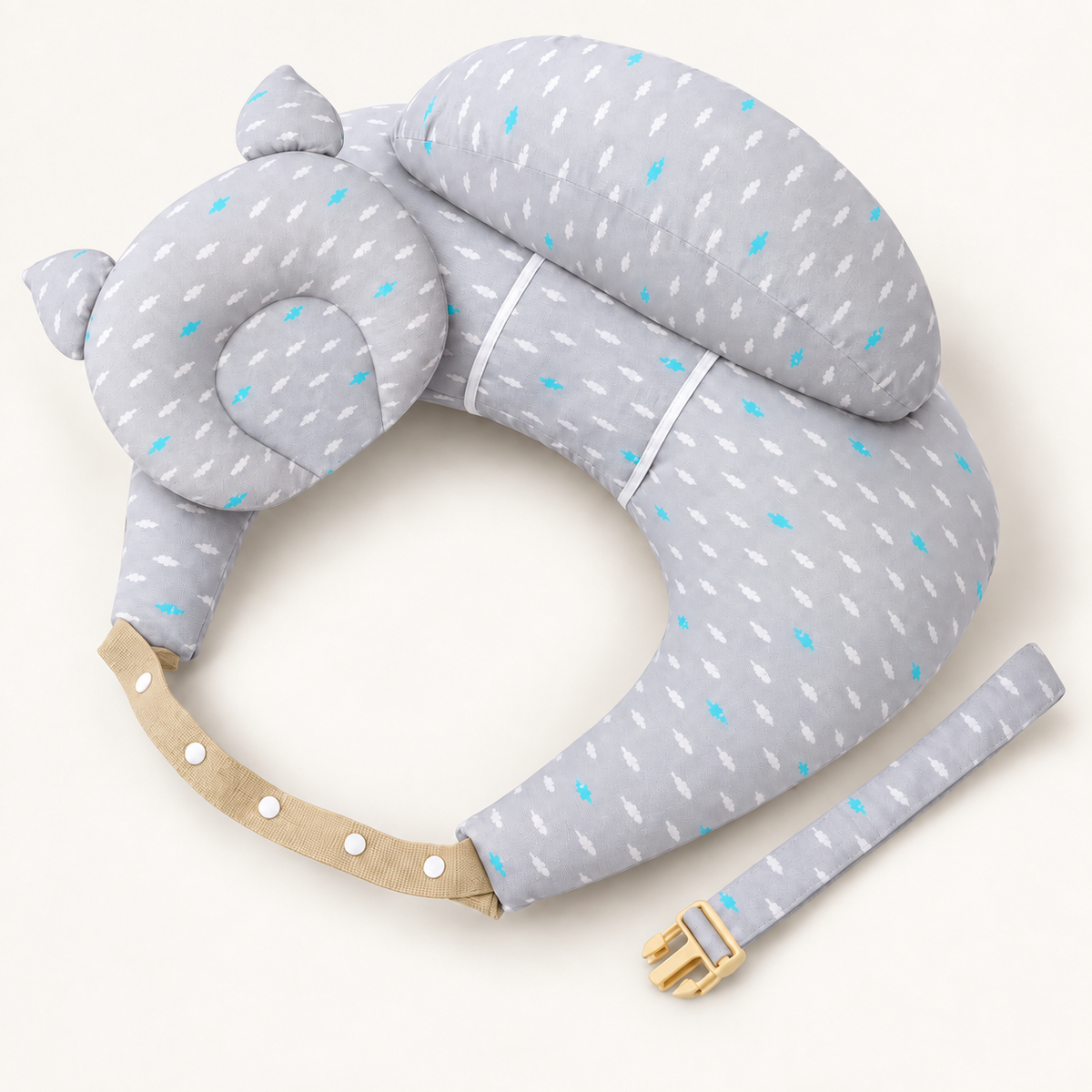 Gray Print nursing support pillow with matching cushions and adjustable straps on a warm white background