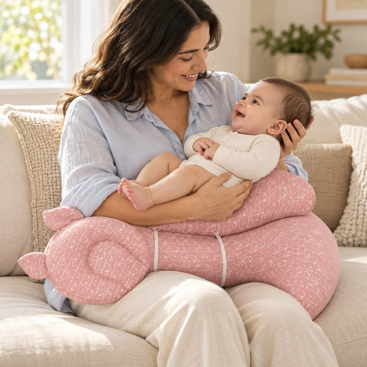 Parent cradling an awake baby with the pink cat-print nursing pillow across her lap at home